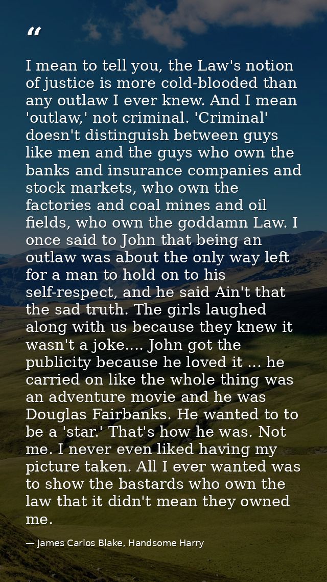 I mean to tell you, the Law's notion of justice is more cold-blooded than any outlaw I ever knew. And I mean 'outlaw,' n — James Carlos Blake, Handsome Harry