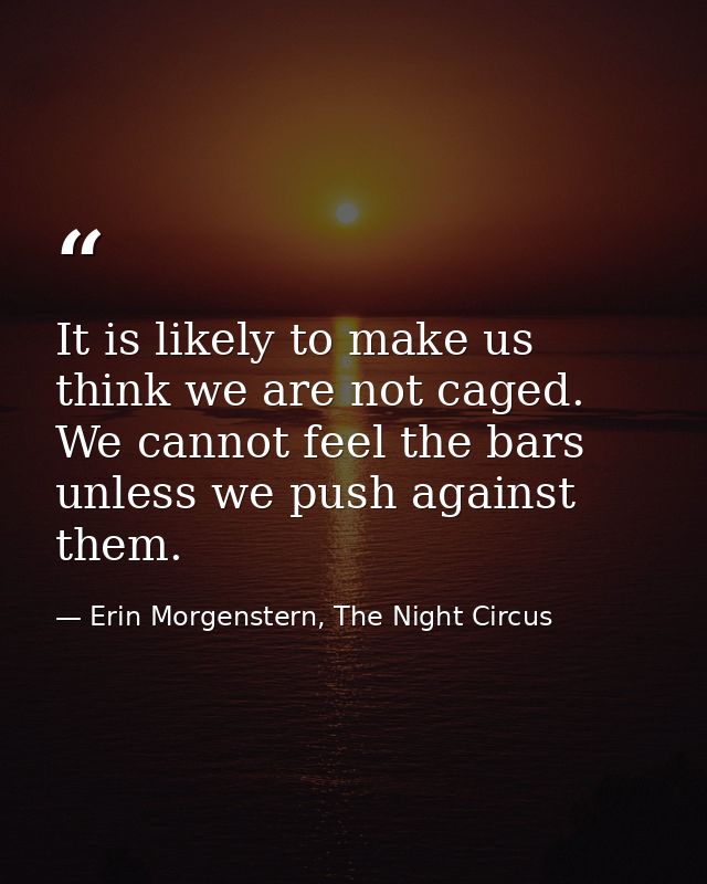 It is likely to make us think we are not caged. We cannot feel the bars unless we push against them. — Erin Morgenstern, The Night Circus
