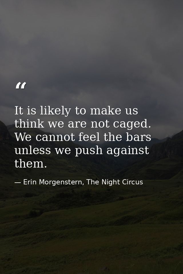 It is likely to make us think we are not caged. We cannot feel the bars unless we push against them. — Erin Morgenstern, The Night Circus