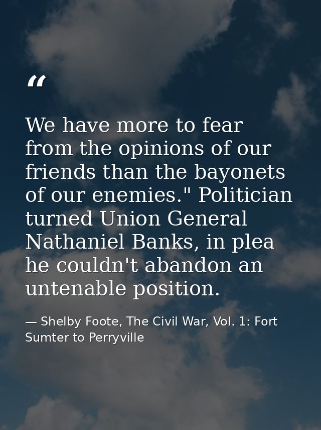 We have more to fear from the opinions of our friends than the bayonets of our enemies." Politician turned Union General — Shelby Foote, The Civil War, Vol. 1: Fort Sumter to Perryville