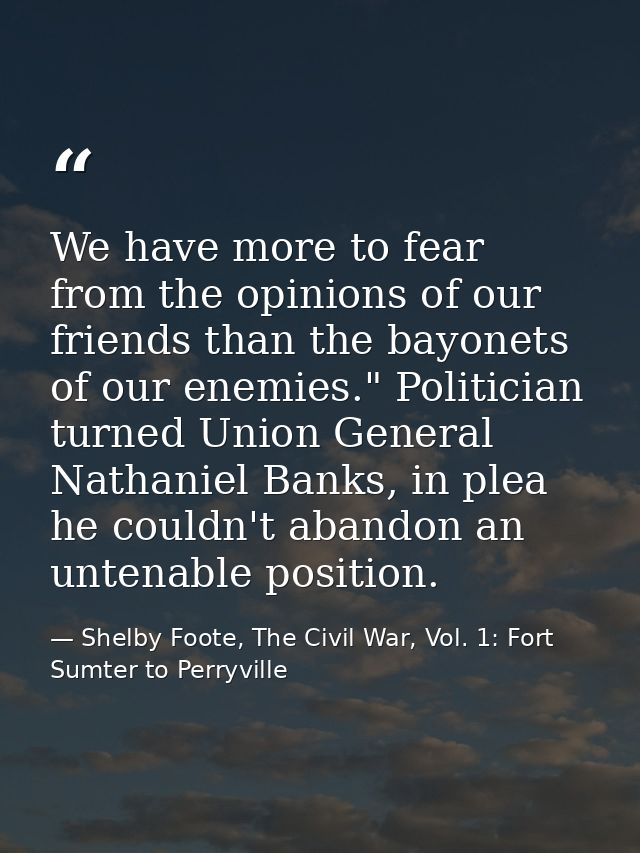 We have more to fear from the opinions of our friends than the bayonets of our enemies." Politician turned Union General — Shelby Foote, The Civil War, Vol. 1: Fort Sumter to Perryville