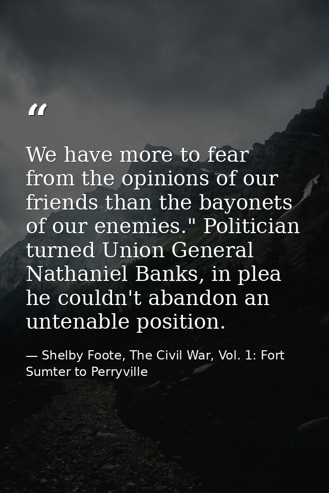 We have more to fear from the opinions of our friends than the bayonets of our enemies." Politician turned Union General — Shelby Foote, The Civil War, Vol. 1: Fort Sumter to Perryville