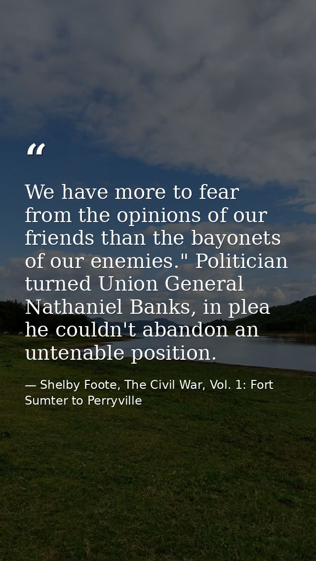 We have more to fear from the opinions of our friends than the bayonets of our enemies." Politician turned Union General — Shelby Foote, The Civil War, Vol. 1: Fort Sumter to Perryville