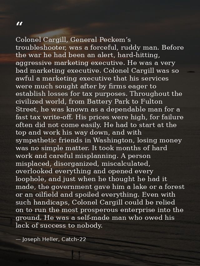 Colonel Cargill, General Peckem’s troubleshooter, was a forceful, ruddy man. Before the war he had been an alert, hard-h — Joseph Heller, Catch-22