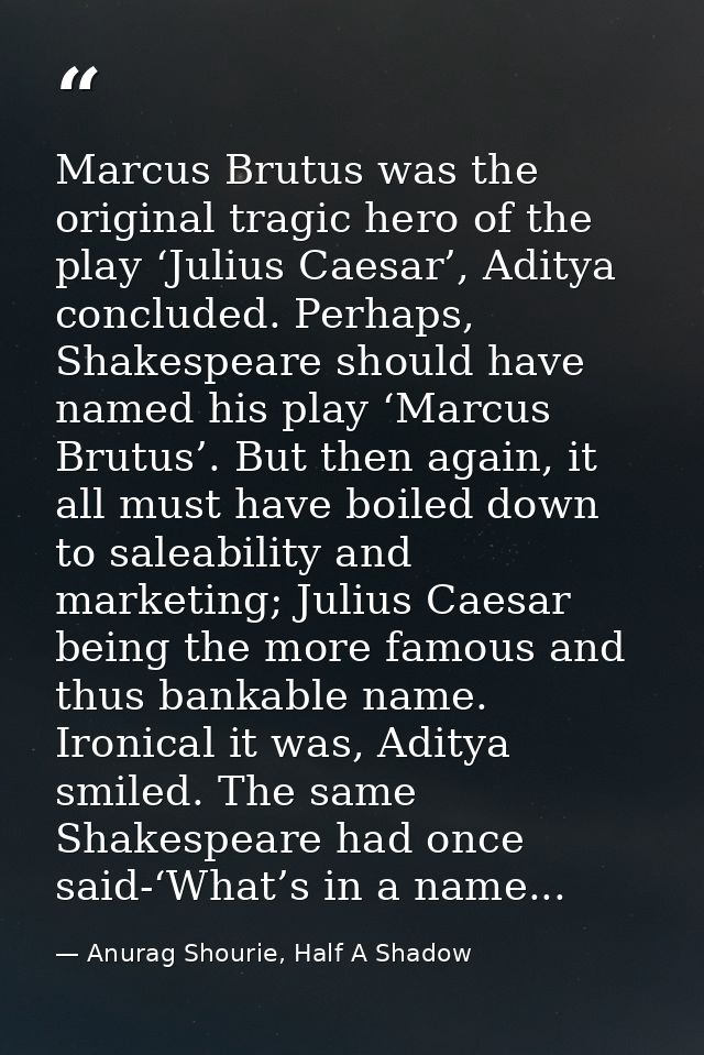 Marcus Brutus was the original tragic hero of the play ‘Julius Caesar’, Aditya concluded. Perhaps, Shakespeare should ha — Anurag Shourie, Half A Shadow
