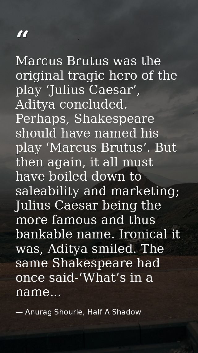 Marcus Brutus was the original tragic hero of the play ‘Julius Caesar’, Aditya concluded. Perhaps, Shakespeare should ha — Anurag Shourie, Half A Shadow