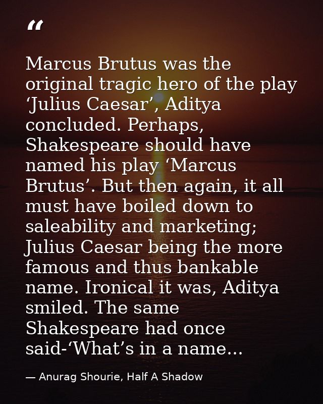 Marcus Brutus was the original tragic hero of the play ‘Julius Caesar’, Aditya concluded. Perhaps, Shakespeare should ha — Anurag Shourie, Half A Shadow