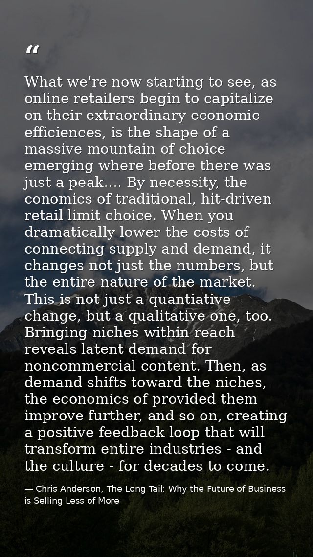 What we're now starting to see, as online retailers begin to capitalize on their extraordinary economic efficiences, is  — Chris Anderson, The Long Tail: Why the Future of Business is Selling Less of More