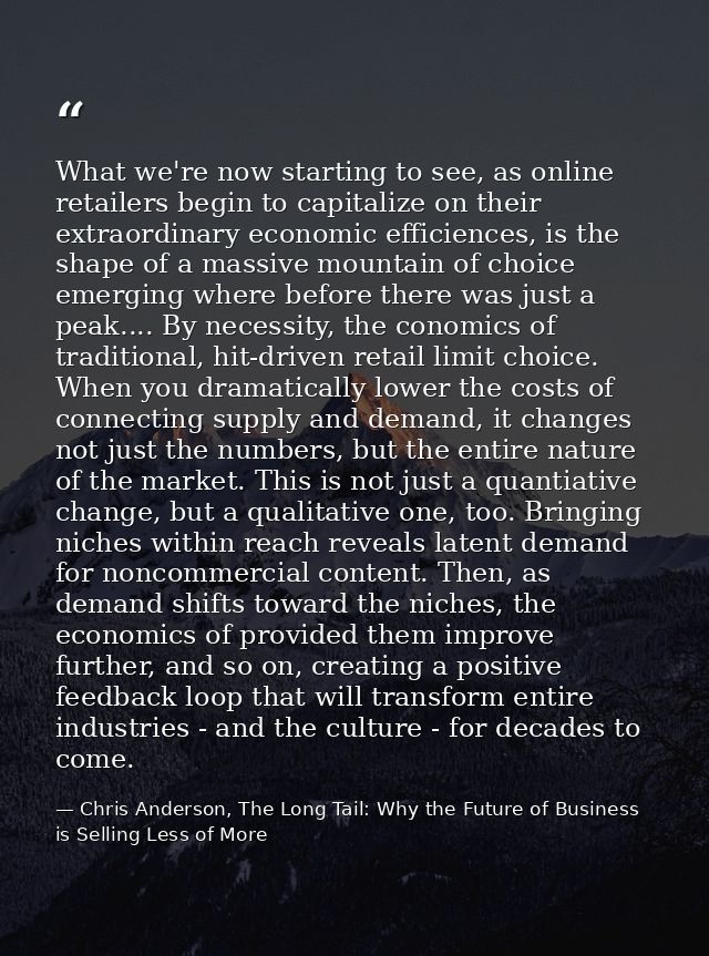 What we're now starting to see, as online retailers begin to capitalize on their extraordinary economic efficiences, is  — Chris Anderson, The Long Tail: Why the Future of Business is Selling Less of More