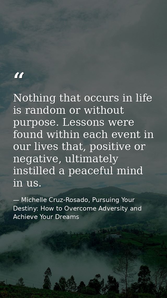 Nothing that occurs in life is random or without purpose. Lessons were found within each event in our lives that, positi — Michelle Cruz-Rosado, Pursuing Your Destiny: How to Overcome Adversity and Achieve Your Dreams