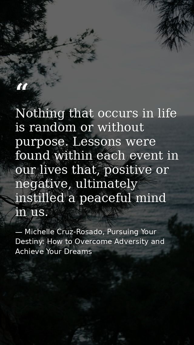Nothing that occurs in life is random or without purpose. Lessons were found within each event in our lives that, positi — Michelle Cruz-Rosado, Pursuing Your Destiny: How to Overcome Adversity and Achieve Your Dreams