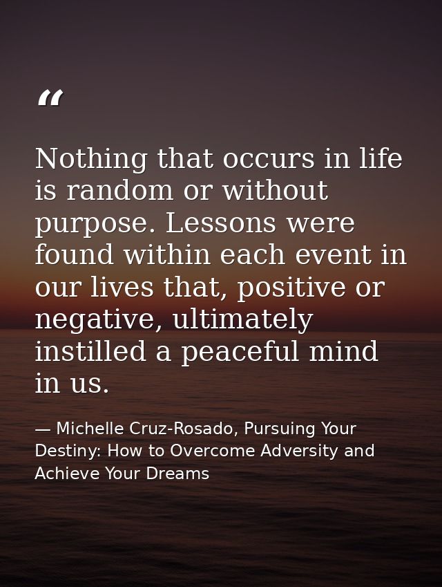 Nothing that occurs in life is random or without purpose. Lessons were found within each event in our lives that, positi — Michelle Cruz-Rosado, Pursuing Your Destiny: How to Overcome Adversity and Achieve Your Dreams