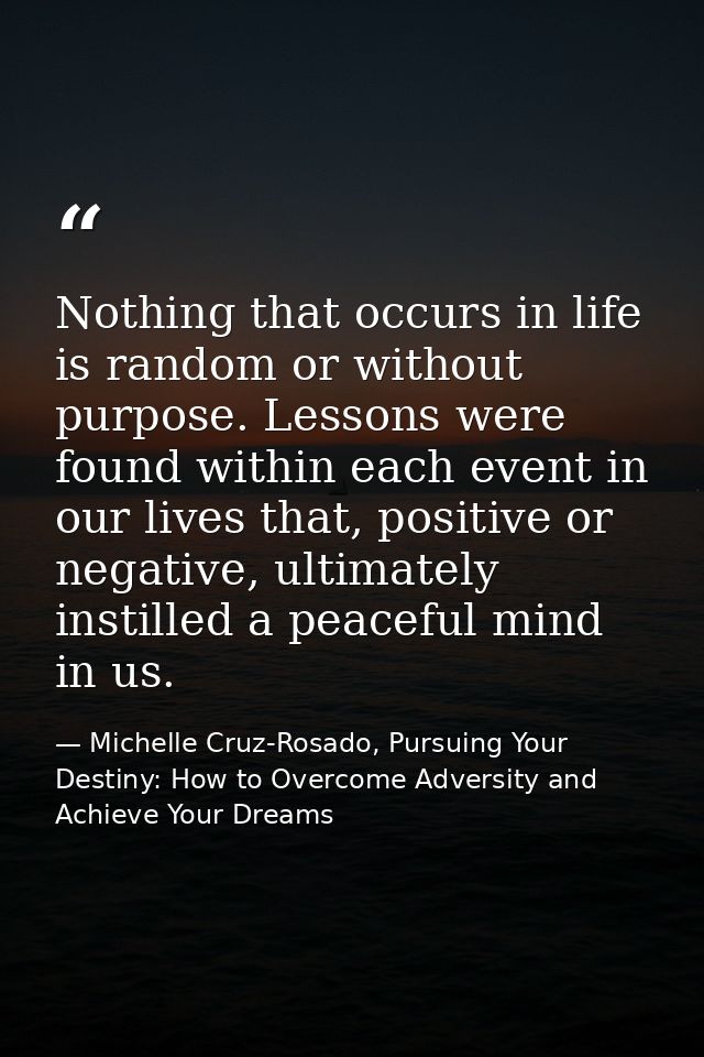 Nothing that occurs in life is random or without purpose. Lessons were found within each event in our lives that, positi — Michelle Cruz-Rosado, Pursuing Your Destiny: How to Overcome Adversity and Achieve Your Dreams