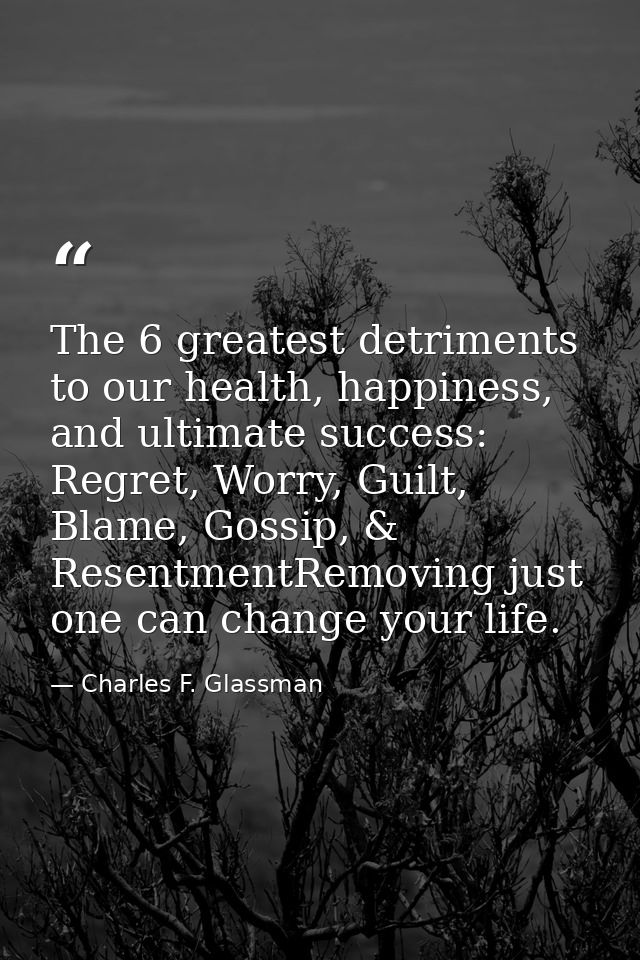 The 6 greatest detriments to our health, happiness, and ultimate success: Regret, Worry, Guilt, Blame, Gossip, & Resentm — Charles F. Glassman