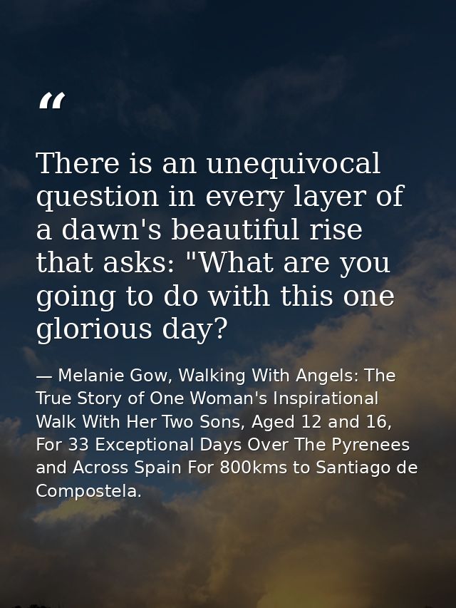 There is an unequivocal question in every layer of a dawn's beautiful rise that asks: "What are you going to do with thi — Melanie Gow, Walking With Angels: The True Story of One Woman's Inspirational Walk With Her Two Sons, Aged 12 and 16, For 33 Exceptional Days Over The Pyrenees and Across Spain For 800kms to Santiago de Compostela.