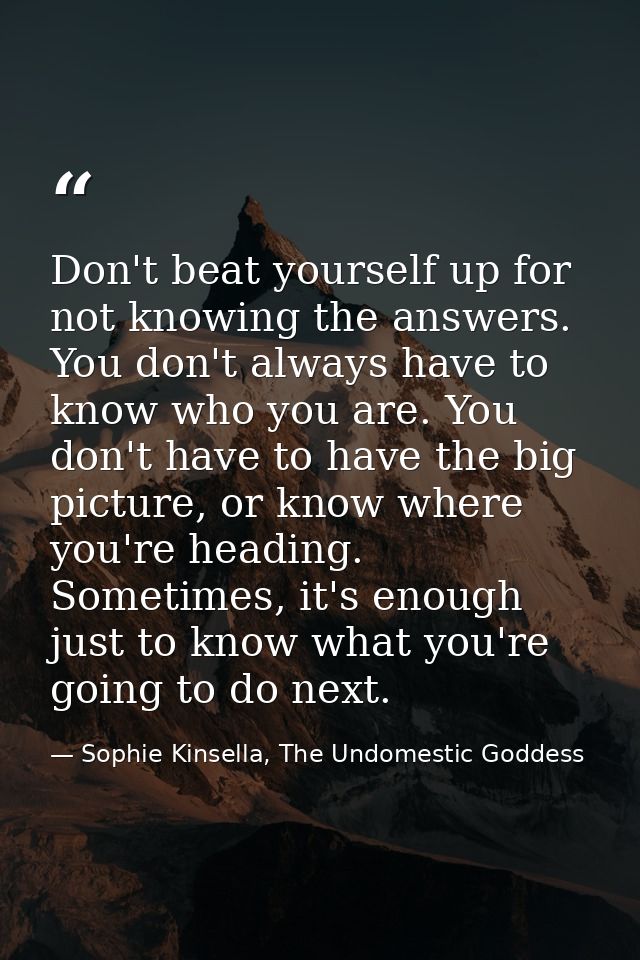 Don't beat yourself up for not knowing the answers. You don't always have to know who you are. You don't have to have th — Sophie Kinsella, The Undomestic Goddess