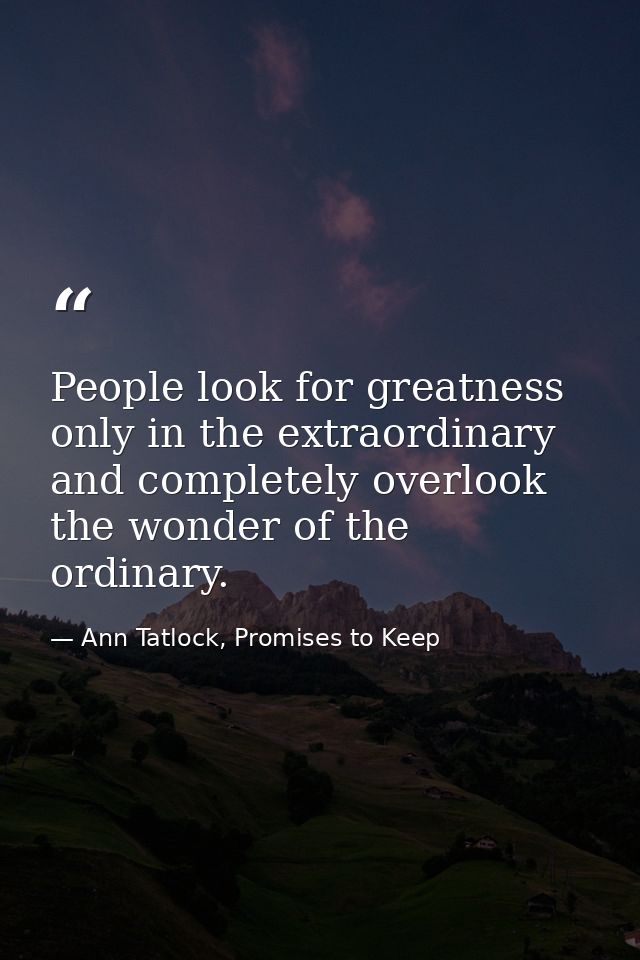 People look for greatness only in the extraordinary and completely overlook the wonder of the ordinary. — Ann Tatlock, Promises to Keep