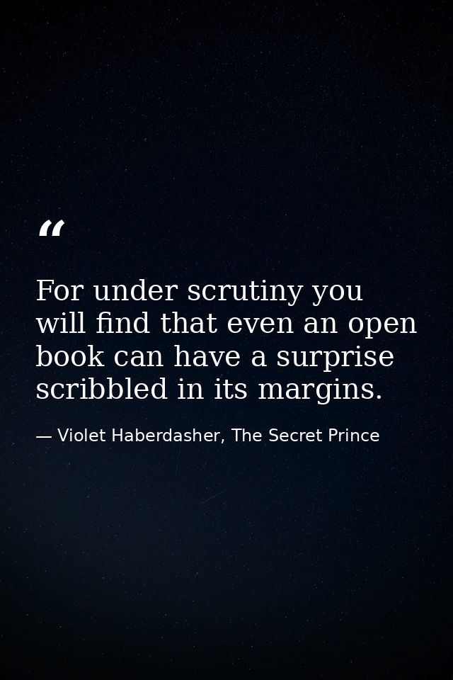 For under scrutiny you will find that even an open book can have a surprise scribbled in its margins. — Violet Haberdasher, The Secret Prince