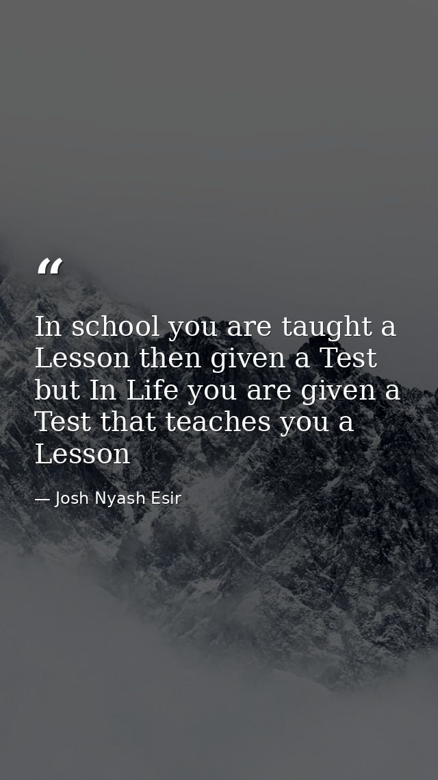 In school you are taught a Lesson then given a Test but In Life you are given a Test that teaches you a Lesson — Josh Nyash Esir