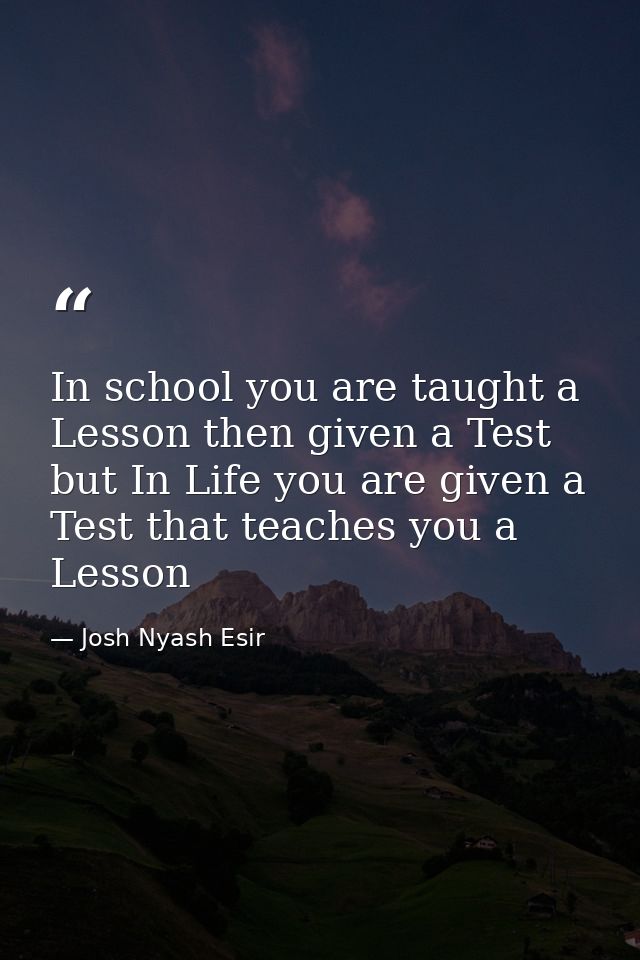 In school you are taught a Lesson then given a Test but In Life you are given a Test that teaches you a Lesson — Josh Nyash Esir