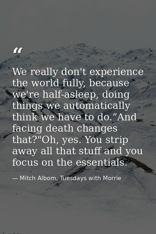 We really don't experience the world fully, because we're half-asleep, doing things we automatically think we have to do — Mitch Albom, Tuesdays with Morrie