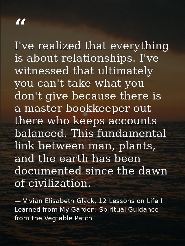 I've realized that everything is about relationships. I've witnessed that ultimately you can't take what you don't give  — Vivian Elisabeth Glyck, 12 Lessons on Life I Learned from My Garden: Spiritual Guidance from the Vegtable Patch