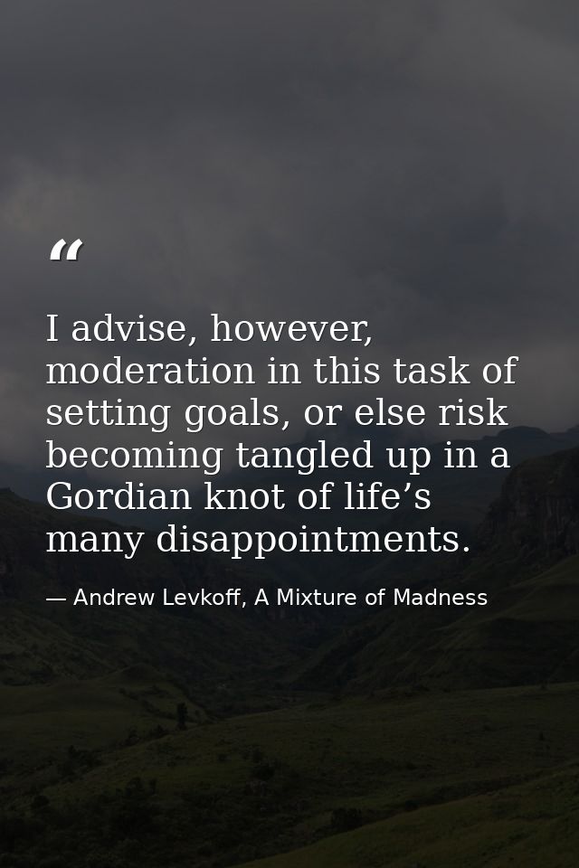 I advise, however, moderation in this task of setting goals, or else risk becoming tangled up in a Gordian knot of life’ — Andrew Levkoff, A Mixture of Madness