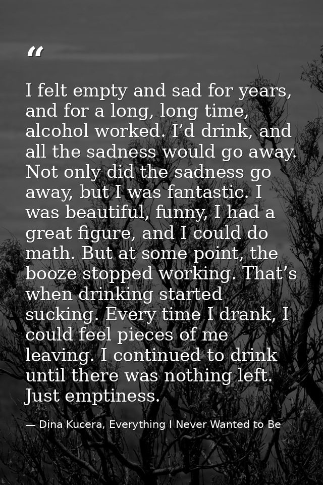 I felt empty and sad for years, and for a long, long time, alcohol worked. I’d drink, and all the sadness would go away. — Dina Kucera, Everything I Never Wanted to Be