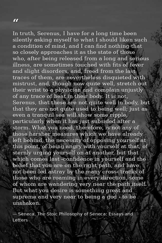 In truth, Serenus, I have for a long time been silently asking myself to what I should liken such a condition of mind, a — Seneca, The Stoic Philosophy of Seneca: Essays and Letters