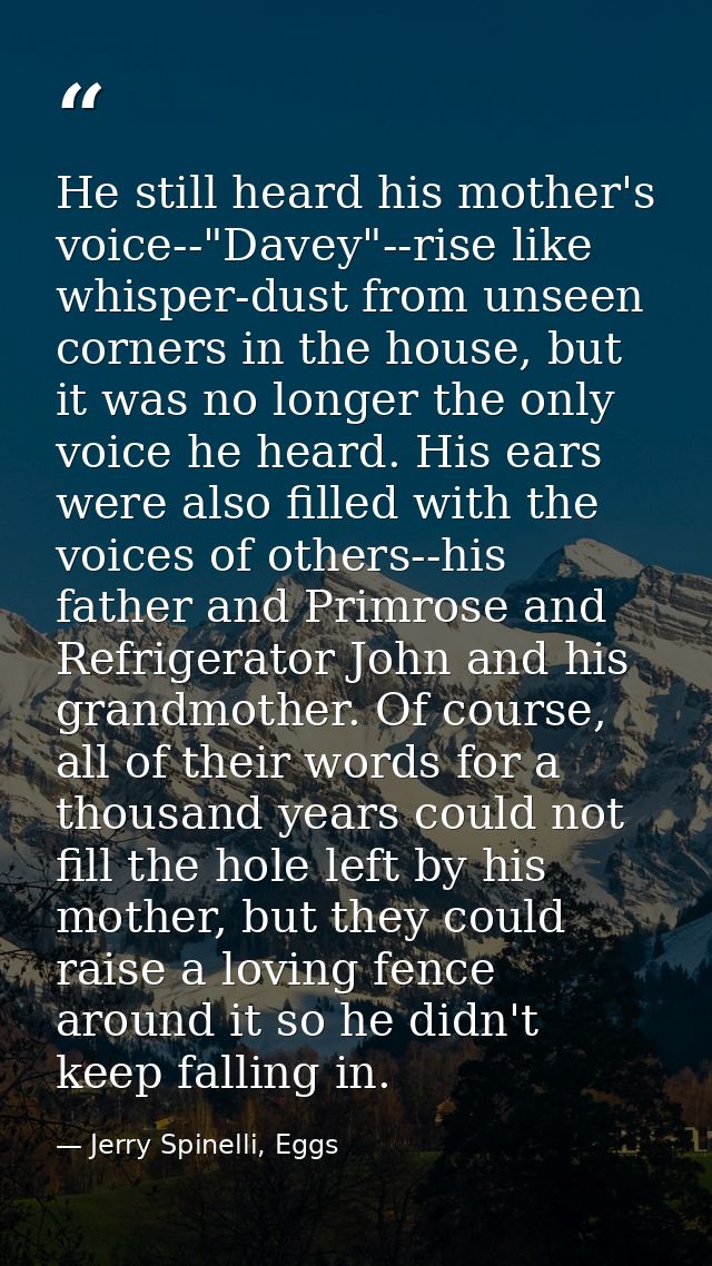 He still heard his mother's voice--"Davey"--rise like whisper-dust from unseen corners in the house, but it was no longe — Jerry Spinelli, Eggs