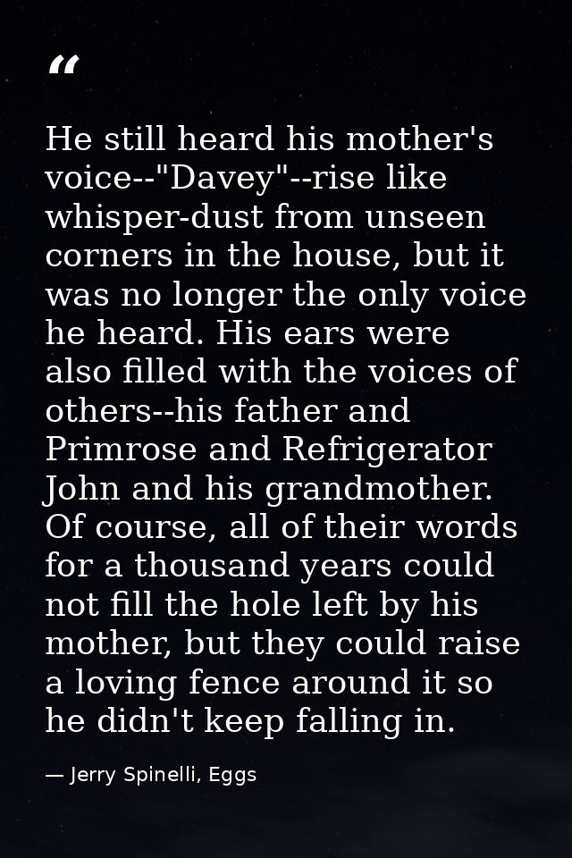 He still heard his mother's voice--"Davey"--rise like whisper-dust from unseen corners in the house, but it was no longe — Jerry Spinelli, Eggs