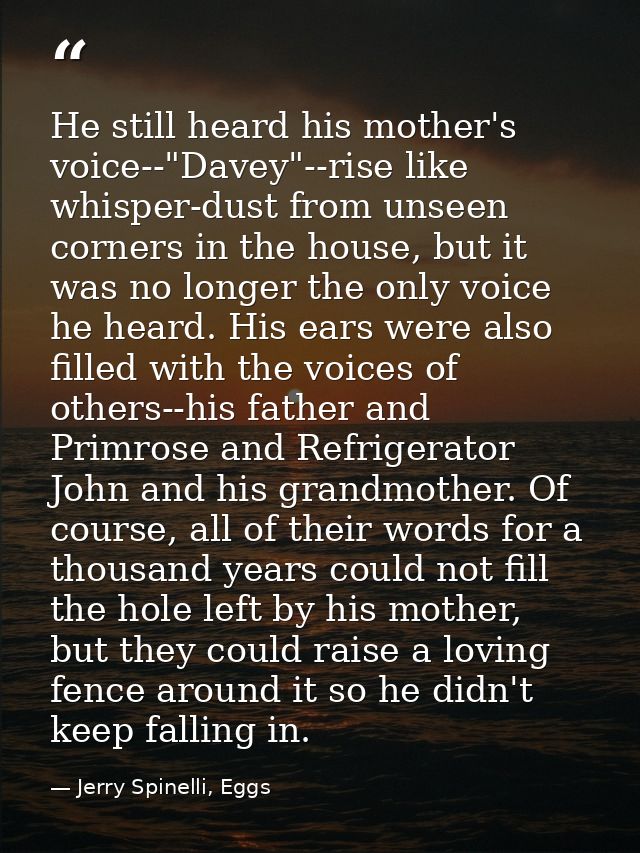 He still heard his mother's voice--"Davey"--rise like whisper-dust from unseen corners in the house, but it was no longe — Jerry Spinelli, Eggs