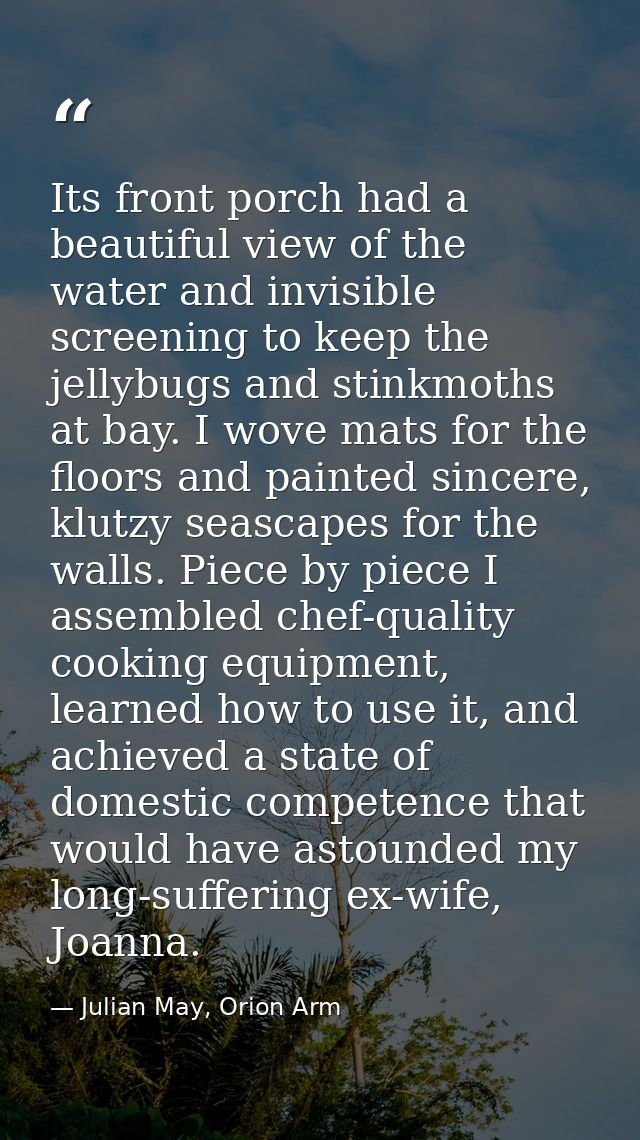Its front porch had a beautiful view of the water and invisible screening to keep the jellybugs and stinkmoths at bay. I — Julian May, Orion Arm