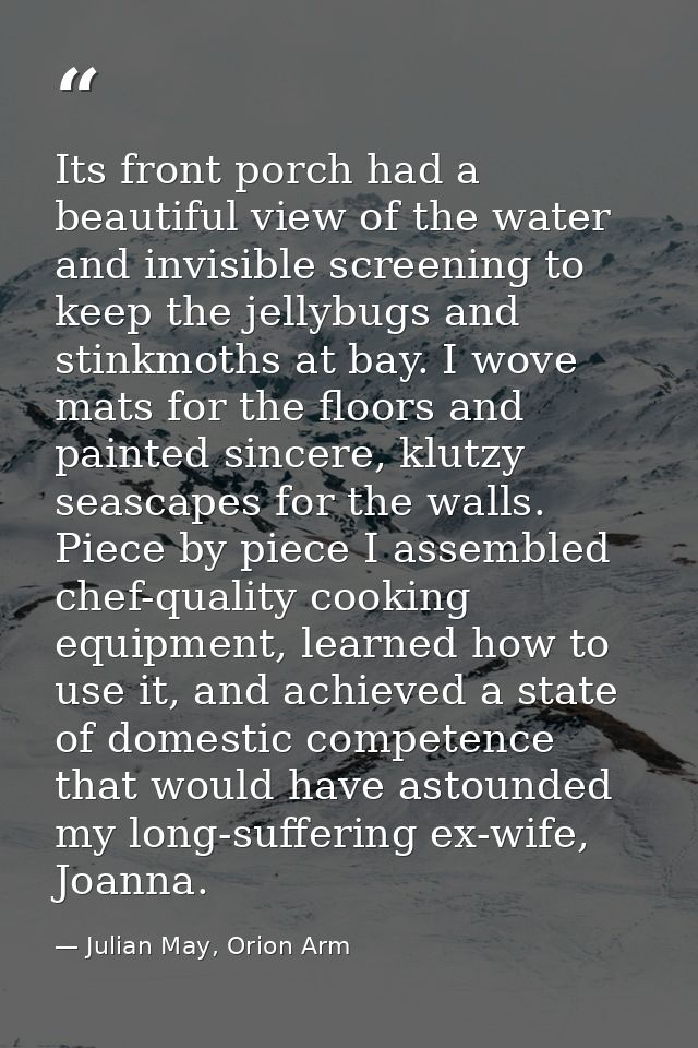 Its front porch had a beautiful view of the water and invisible screening to keep the jellybugs and stinkmoths at bay. I — Julian May, Orion Arm