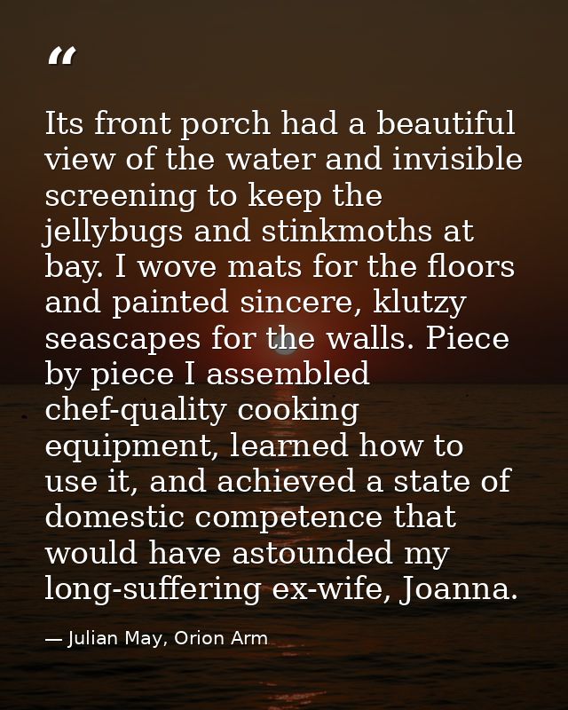 Its front porch had a beautiful view of the water and invisible screening to keep the jellybugs and stinkmoths at bay. I — Julian May, Orion Arm