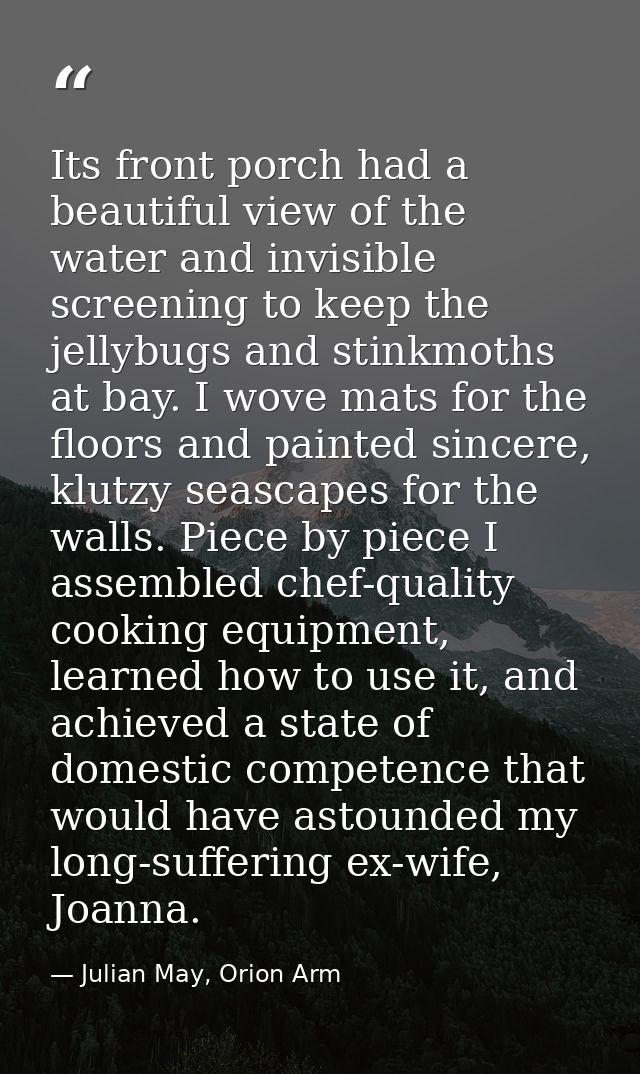 Its front porch had a beautiful view of the water and invisible screening to keep the jellybugs and stinkmoths at bay. I — Julian May, Orion Arm