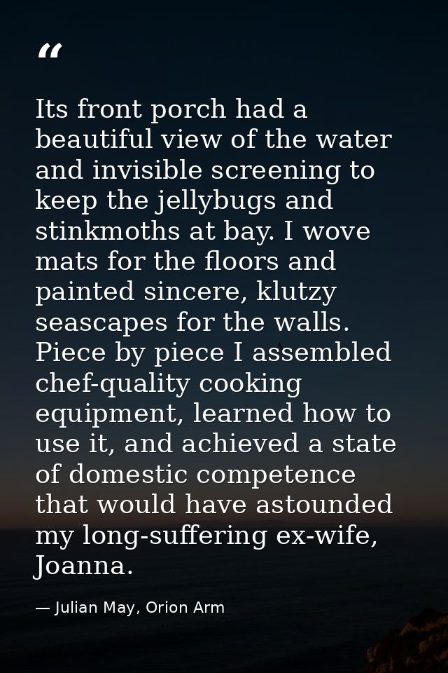 Its front porch had a beautiful view of the water and invisible screening to keep the jellybugs and stinkmoths at bay. I — Julian May, Orion Arm