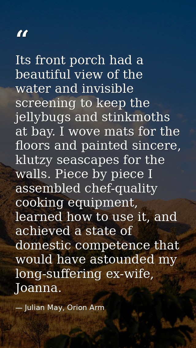 Its front porch had a beautiful view of the water and invisible screening to keep the jellybugs and stinkmoths at bay. I — Julian May, Orion Arm
