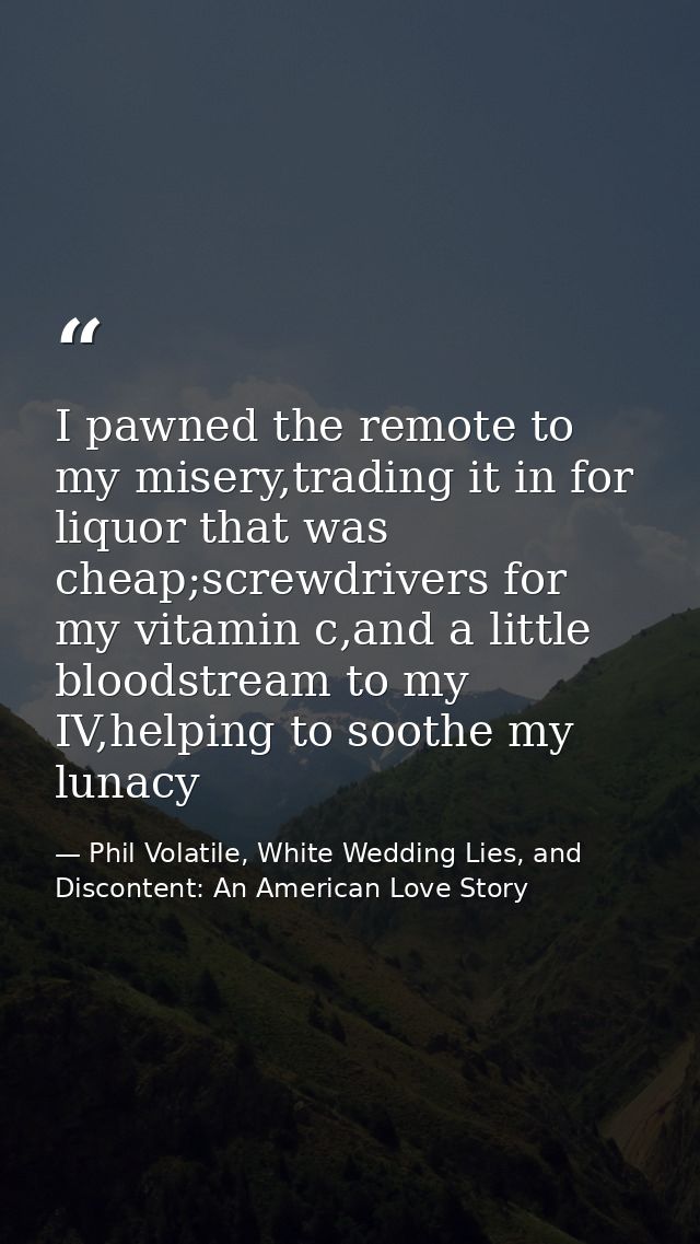 I pawned the remote to my misery,trading it in for liquor that was cheap;screwdrivers for my vitamin c,and a little bloo — Phil Volatile, White Wedding Lies, and Discontent: An American Love Story