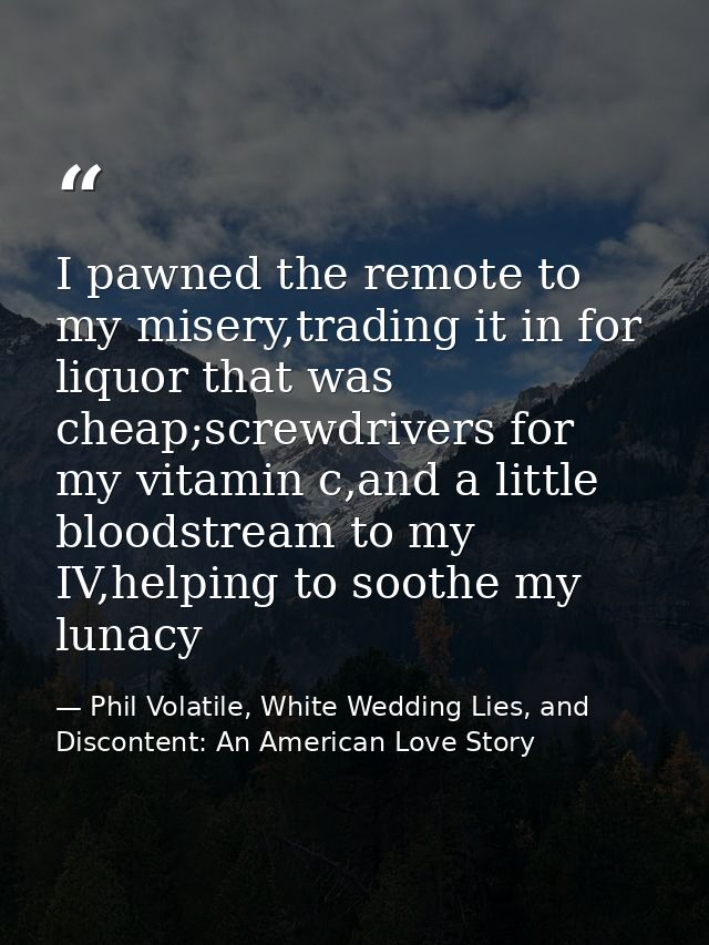 I pawned the remote to my misery,trading it in for liquor that was cheap;screwdrivers for my vitamin c,and a little bloo — Phil Volatile, White Wedding Lies, and Discontent: An American Love Story