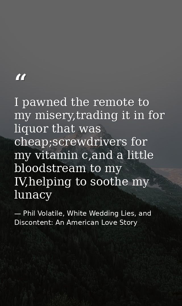 I pawned the remote to my misery,trading it in for liquor that was cheap;screwdrivers for my vitamin c,and a little bloo — Phil Volatile, White Wedding Lies, and Discontent: An American Love Story