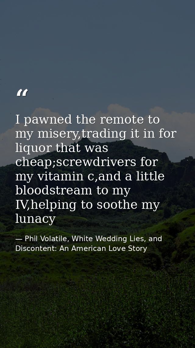 I pawned the remote to my misery,trading it in for liquor that was cheap;screwdrivers for my vitamin c,and a little bloo — Phil Volatile, White Wedding Lies, and Discontent: An American Love Story