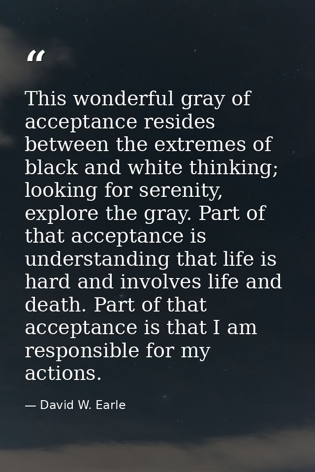This wonderful gray of acceptance resides between the extremes of black and white thinking; looking for serenity, explor — David W. Earle