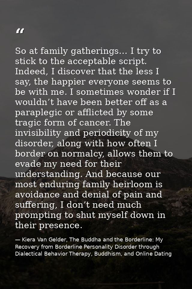 So at family gatherings… I try to stick to the acceptable script. Indeed, I discover that the less I say, the happier ev — Kiera Van Gelder, The Buddha and the Borderline: My Recovery from Borderline Personality Disorder through Dialectical Behavior Therapy, Buddhism, and Online Dating