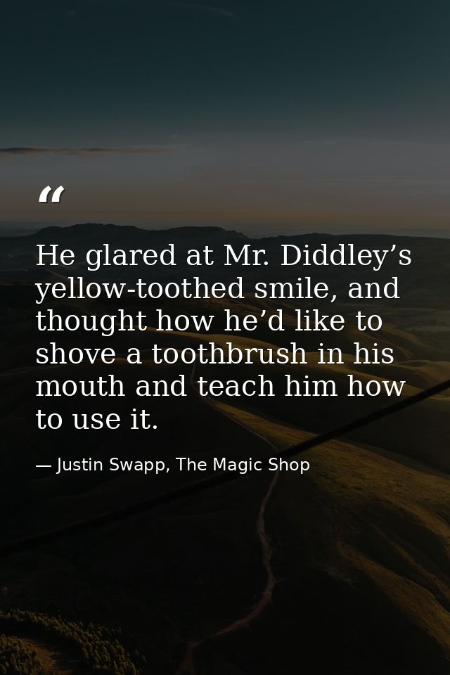 He glared at Mr. Diddley’s yellow-toothed smile, and thought how he’d like to shove a toothbrush in his mouth and teach  — Justin Swapp, The Magic Shop