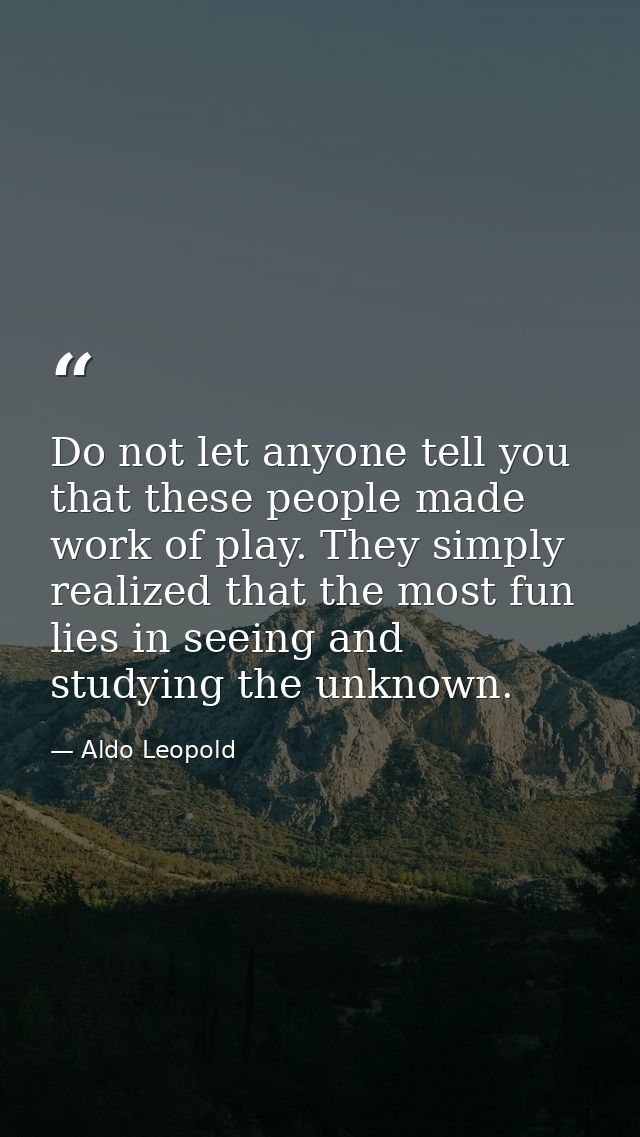 Do not let anyone tell you that these people made work of play. They simply realized that the most fun lies in seeing an — Aldo Leopold