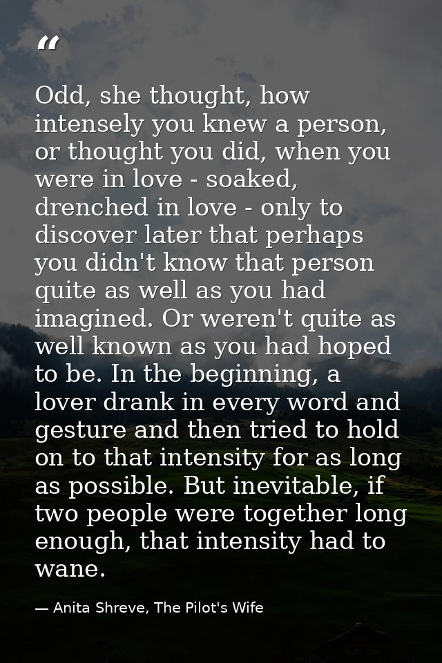 Odd, she thought, how intensely you knew a person, or thought you did, when you were in love - soaked, drenched in love  — Anita Shreve, The Pilot's Wife