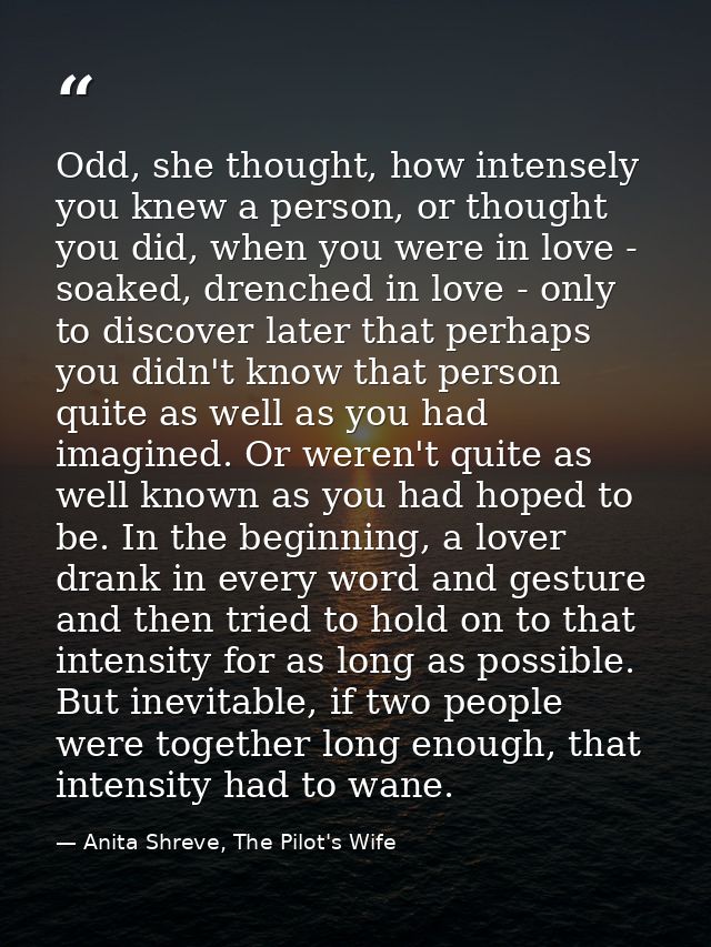 Odd, she thought, how intensely you knew a person, or thought you did, when you were in love - soaked, drenched in love  — Anita Shreve, The Pilot's Wife