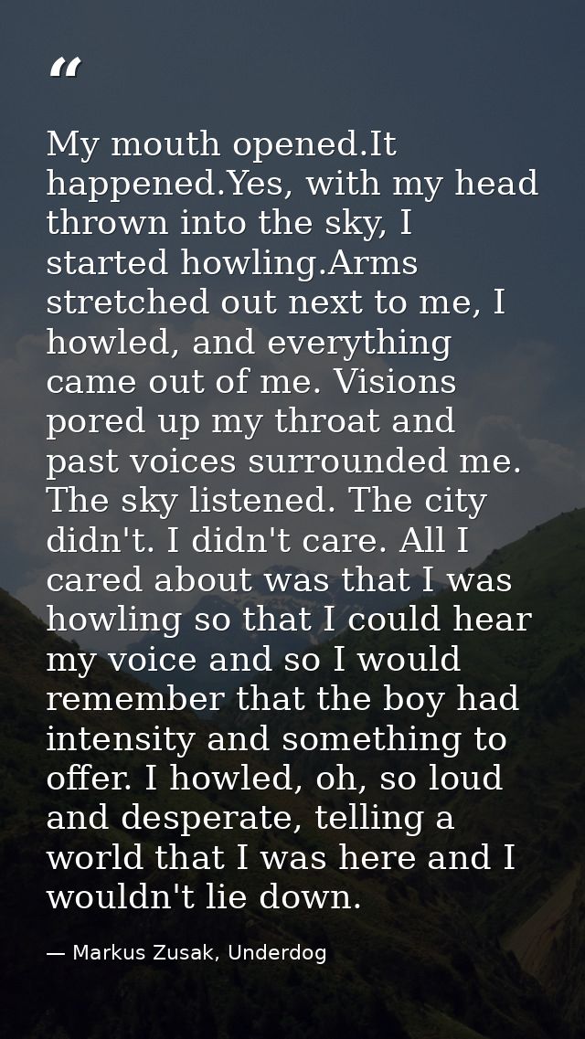 My mouth opened.It happened.Yes, with my head thrown into the sky, I started howling.Arms stretched out next to me, I ho — Markus Zusak, Underdog