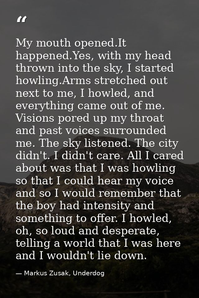 My mouth opened.It happened.Yes, with my head thrown into the sky, I started howling.Arms stretched out next to me, I ho — Markus Zusak, Underdog